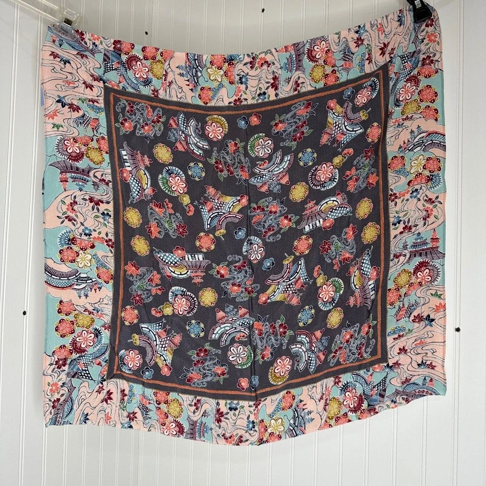 Ryukyu Bingata Japanese Square Scarf Silk Rayon Black Pink‎ Floral Spring 27x27